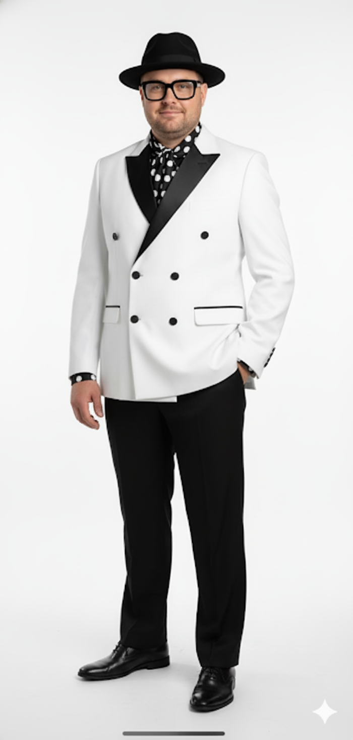 Mens White and Black Double-Breasted Tuxedo Modern Slim Fit Formal Suit for Weddings, Parties, and Special Occasions