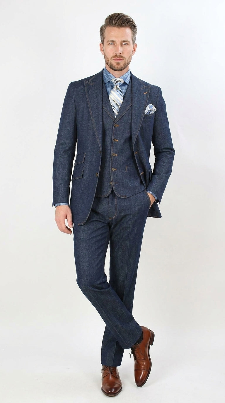 Men’s Pleated Pants Dark Blue Denim 3 Piece Suit – 100% Cotton Formal Suit Set, Blazer Vest Pants Outfit Classic Fit Athletic Fit Lose Fit - 34 Short or Extra Small
