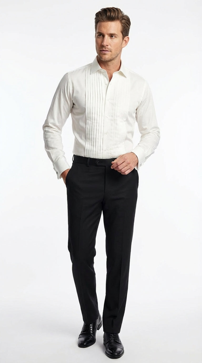 Mens Ivory Cream Off White Pleated Tuxedo Dress Shirt