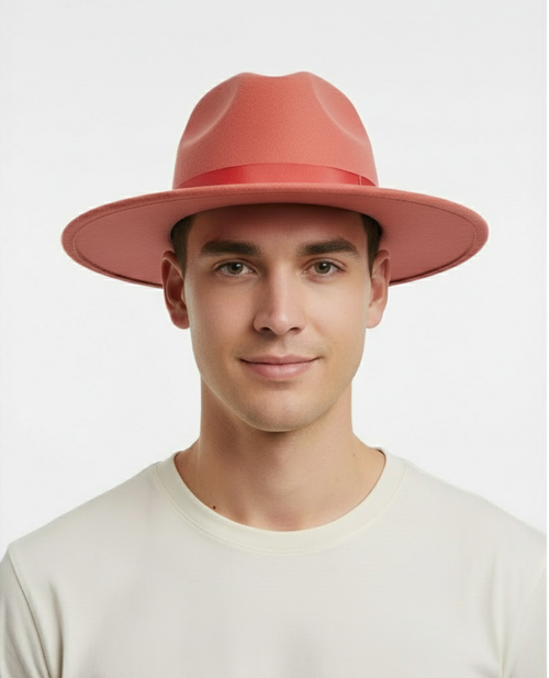 Mens Coral Pink Wide Brim Fedora Hat Wool Felt Dress Hat with Red Ribbon Band