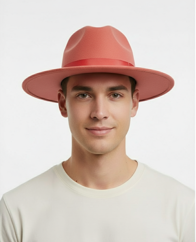 Mens Coral Pink Wide Brim Fedora Hat Wool Felt Dress Hat with Red Ribbon Band