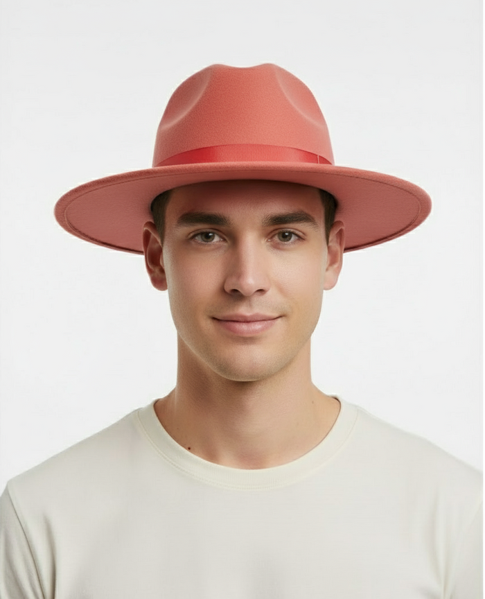 Mens Coral Pink Wide Brim Fedora Hat Wool Felt Dress Hat with Red Ribbon Band