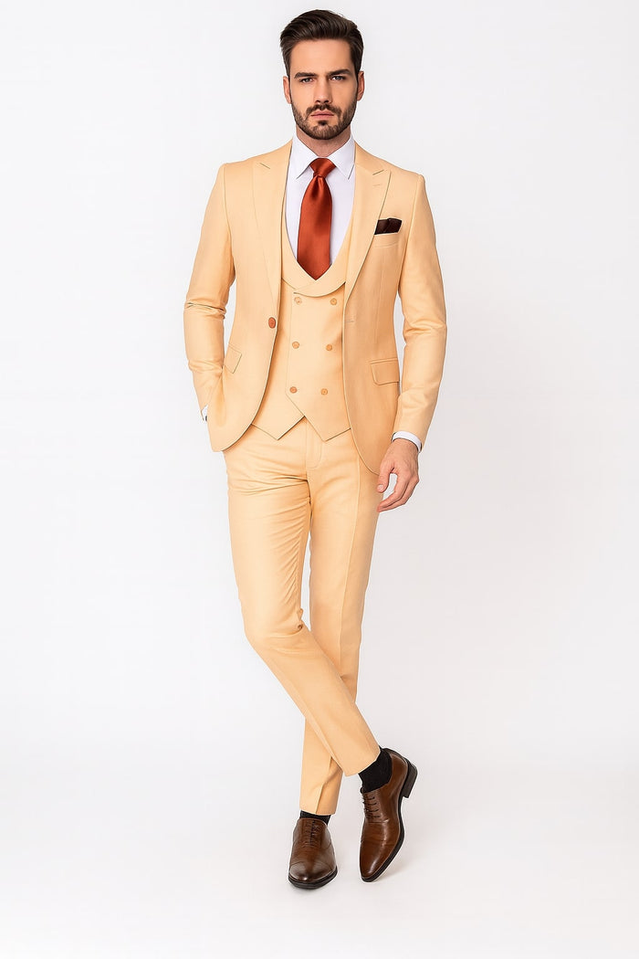 Mens Peach 3-Piece Suit Double-Breasted Vest, Notch Lapel Blazer, Slim Fit Dress Pants