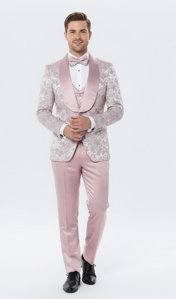 Menâ€™s Light Pink Dusty Rose -  Floral Tuxedo Suit â€“ Luxury Satin Shawl Lapel 3-Piece Formal Wedding and Prom Suit in Blush Mauve color - 34 Short or Extra Small