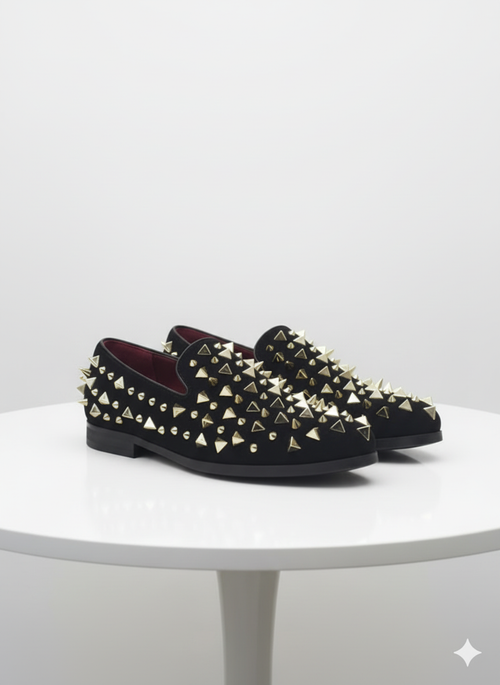 Mens Studded Velvet Loafers Designer Party and Prom Dress Shoes with Gold and Silver Spikes