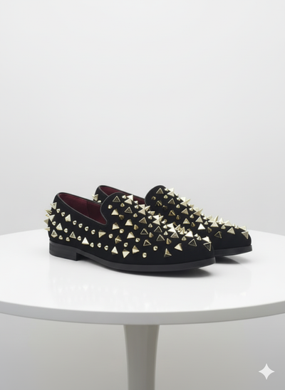 Mens Studded Velvet Loafers Designer Party and Prom Dress Shoes with Gold and Silver Spikes