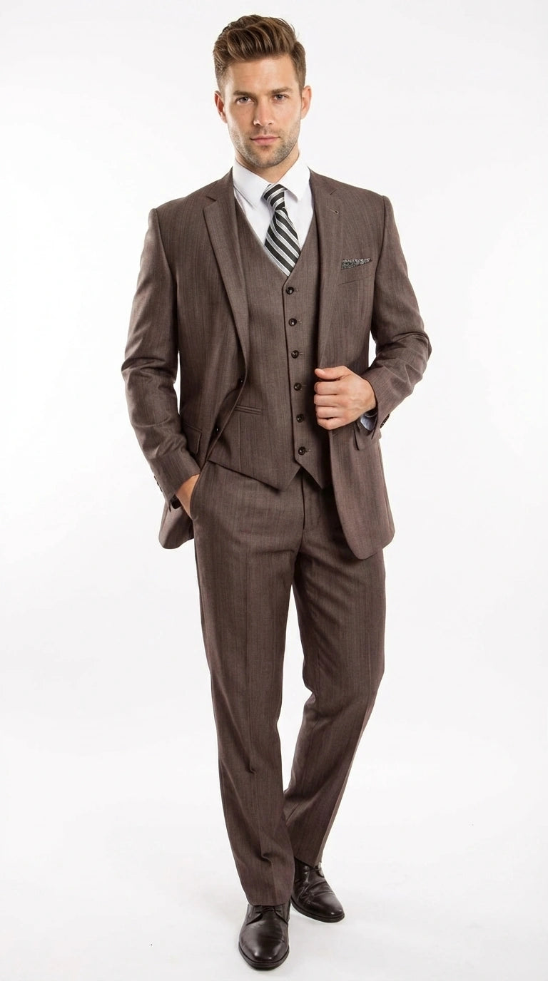 Men’s Brown Sharkskin 3 Piece Suit – Textured Two Button Vested Business Formal Suit for Wedding, Party Wear Vested - 34 Short or Extra Small