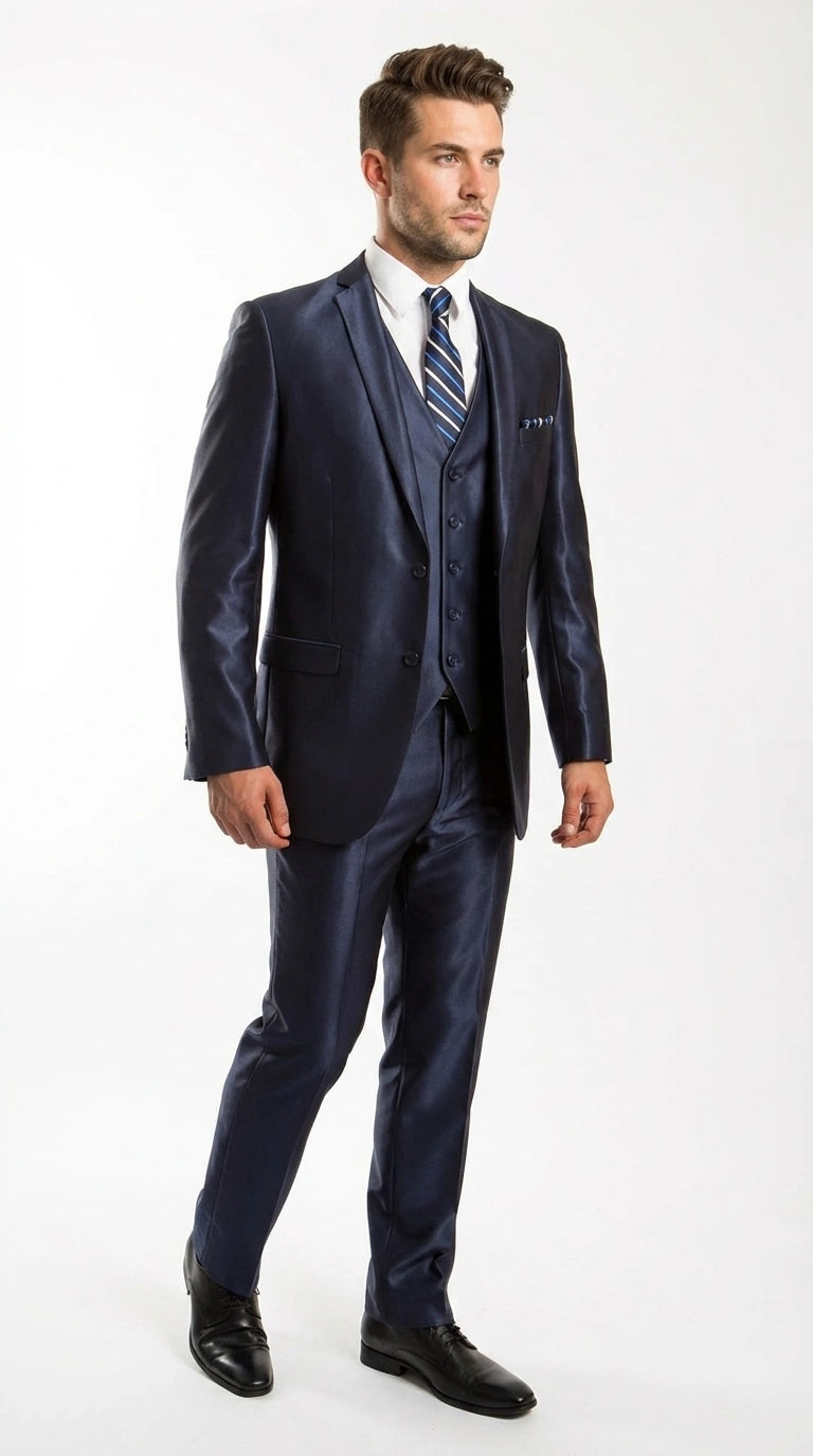 Men’s Navy Blue Sharkskin 3 Piece Suit – Two Button Vested Shiny Formal Suit for Wedding, Prom, Business and Party Wear - 34 Short or Extra Small
