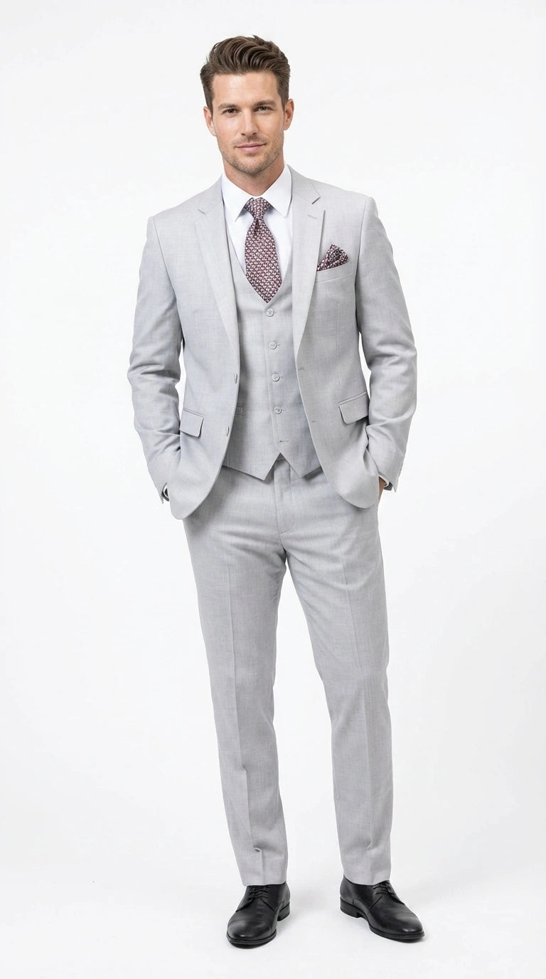 Men’s Light Grey Sharkskin 3 Piece Suit – Two Button Vested Modern Formal Business Suit for Wedding in silver Ice Gray - 34 Short or Extra Small