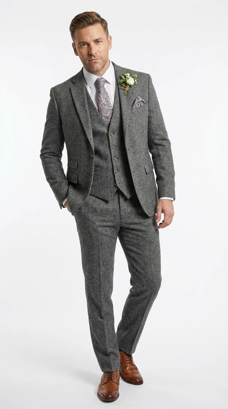 Men’s Peaky Blinder Light Grey Tweed Suit with Vest – Classic Three Piece Formal Suit, Vintage Wedding Business Outfit - 34 Short or Extra Small