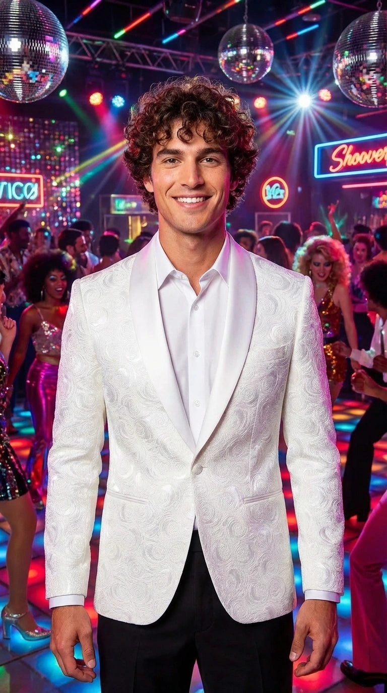 Men’s White Paisley Disco Blazer 1980s Style Jacket – Shawl Lapel Formal Party Blazer, Elegant Masquerade Club Wear, Stylish Evening Outfit - 36 Short