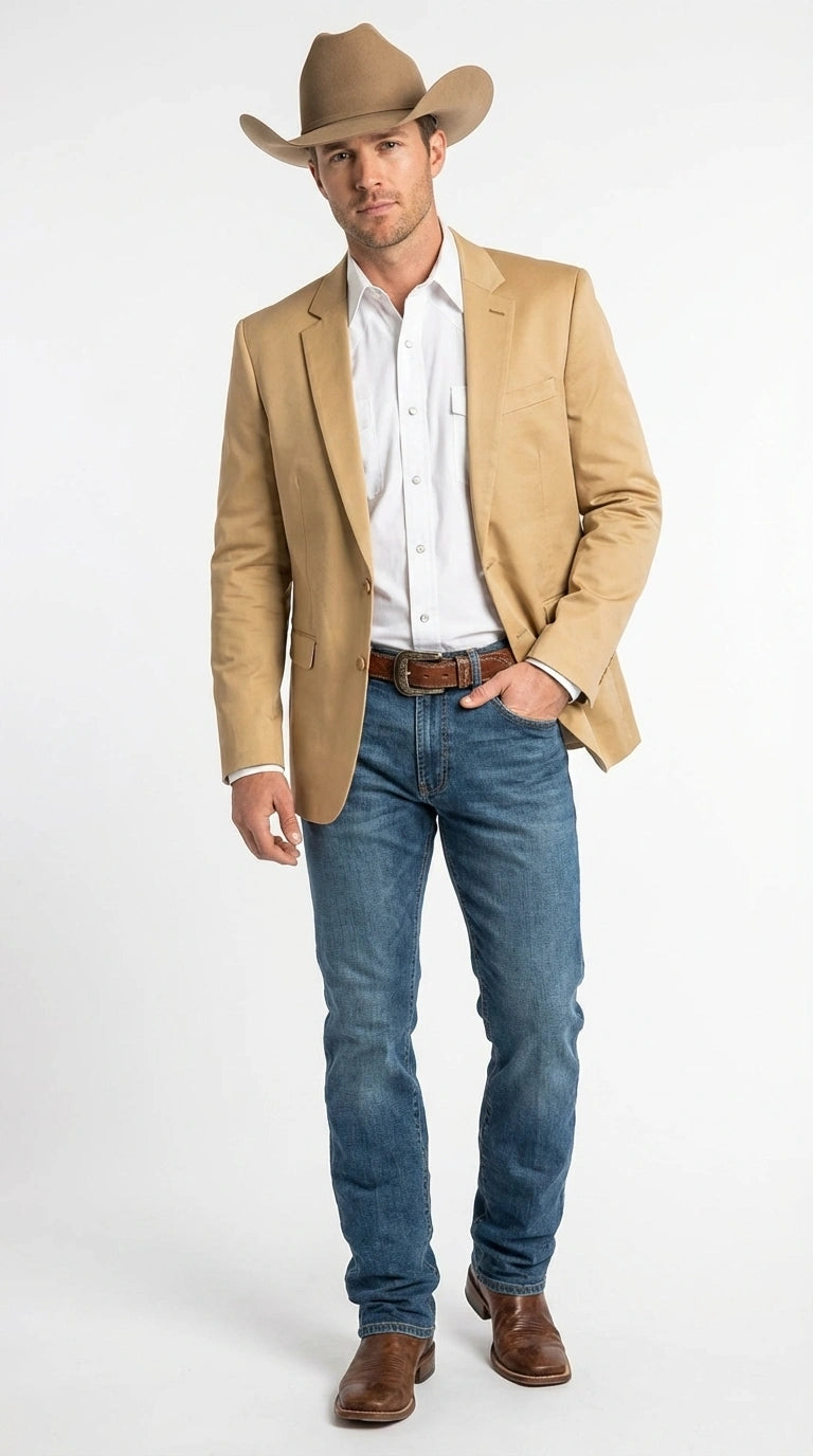 Men’s Tan Camel British khaki Western Blazer – Two Button Classic Casual Sport Coat - Cowboy Country Coat - 36 Short