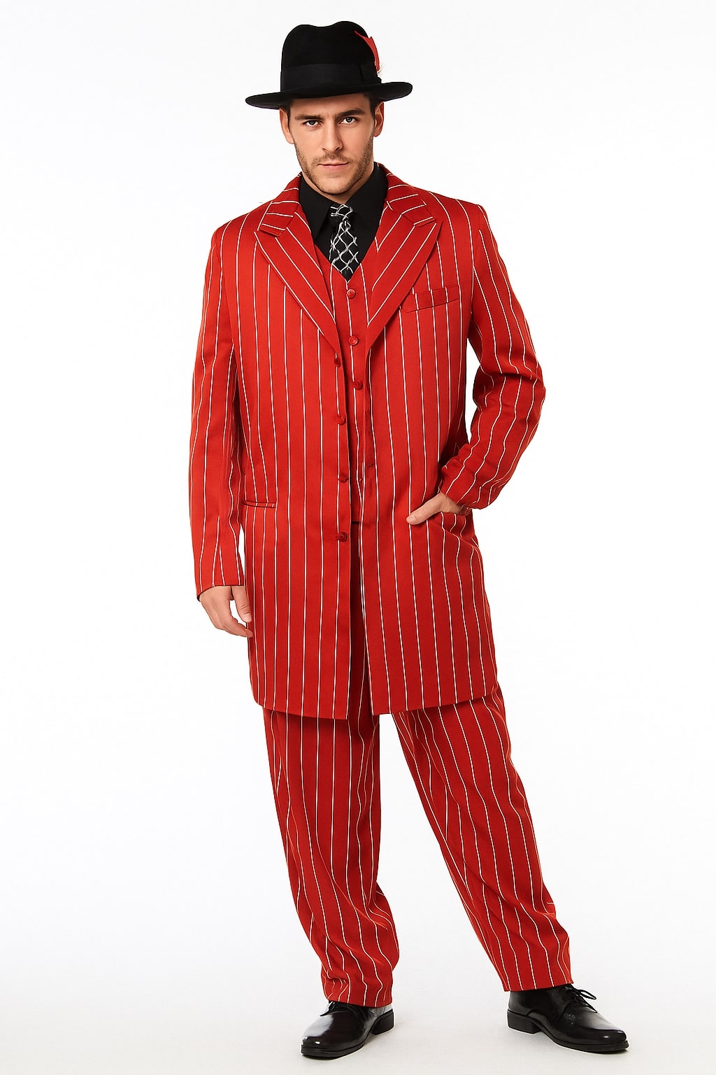 Men’s Red Pinstripe Zoot Suit – 1920s Gangster Pimp Style with Long Jacket & Matching Hat - 34 Short or Extra Small