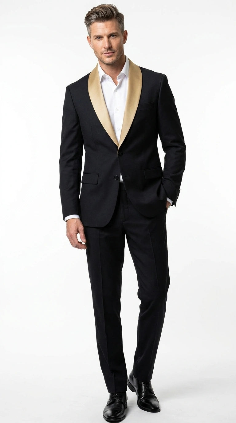 Men’s Black Suit with Gold Lapel – Luxury Formal Tuxedo Style Suit for Wedding, Prom, Party and Evening Wear - 34 Short or Extra Small