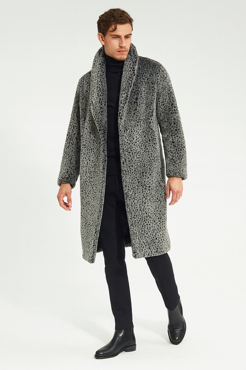 Men’s Luxury Long Grey Faux Fur Coat – Winter Overcoat with Animal Print Design - Coat Size 38