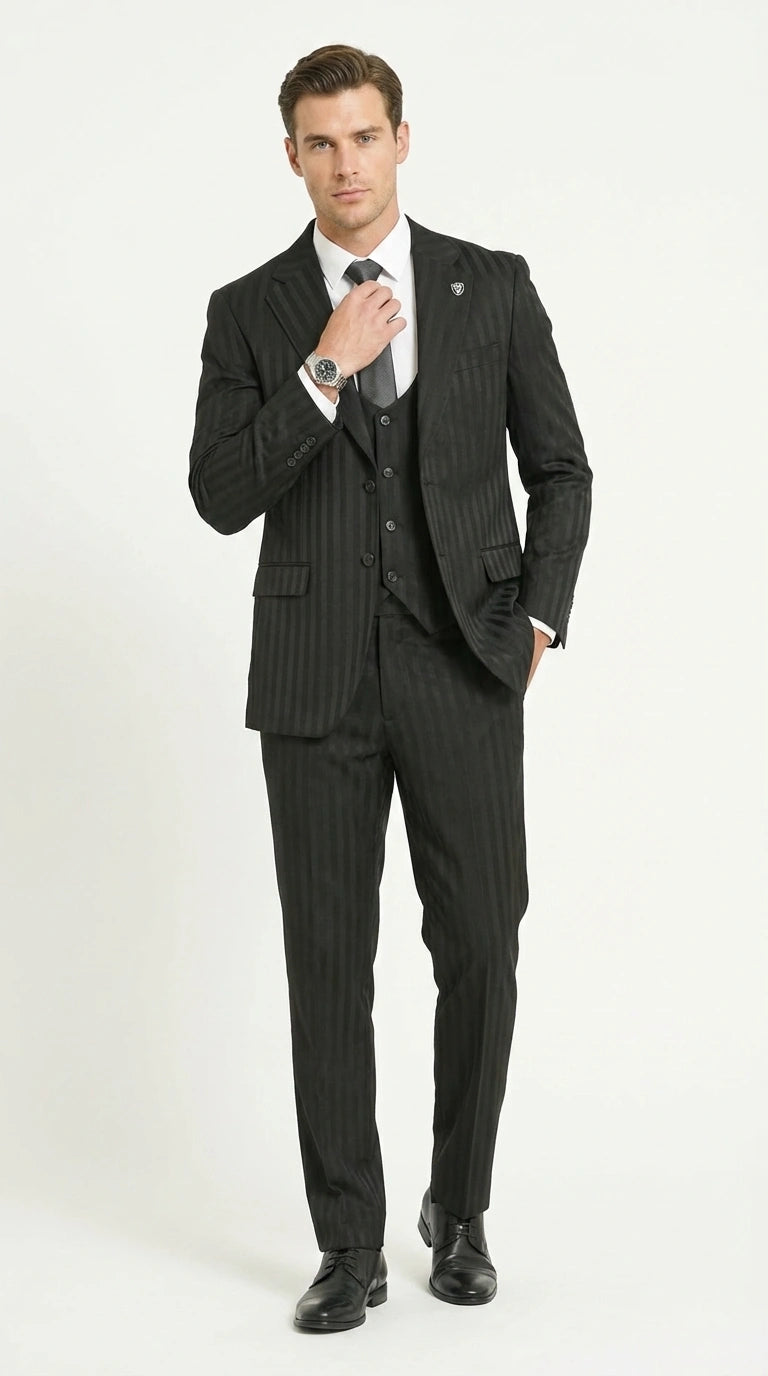 Men’s Black Pinstripe 3 Piece Suit – Vested Formal Business Suit for Wedding, Office, Prom and Party Wear - 34 Short or Extra Small