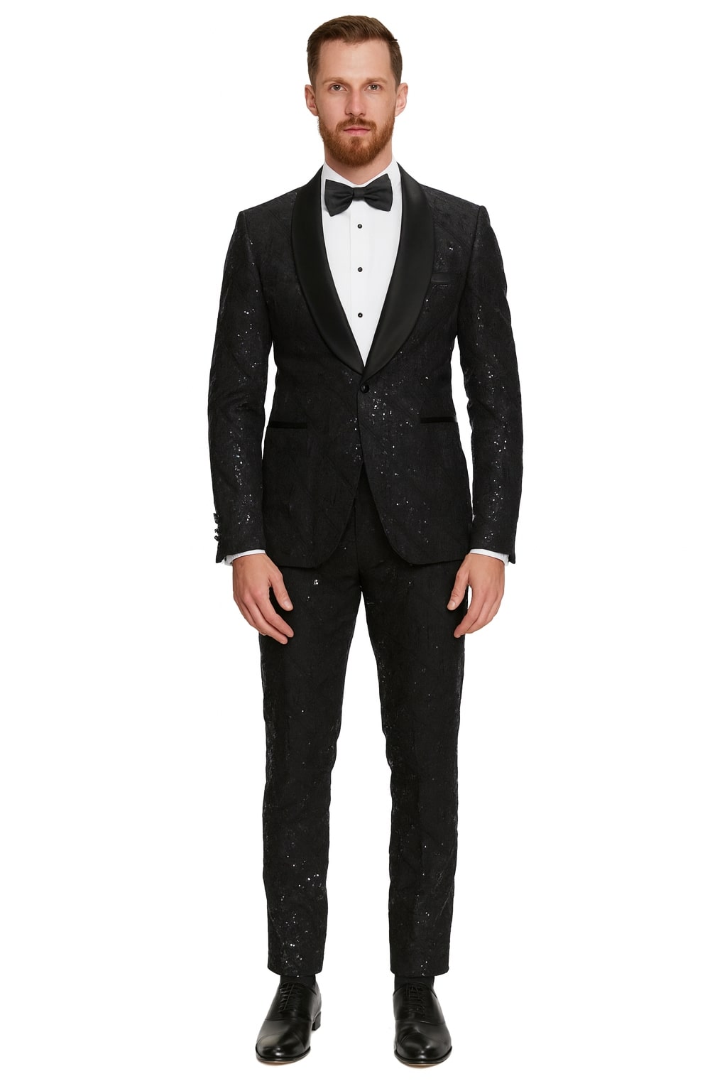 Black Sequin Tuxedo Suit with Satin Shawl Lapel â€“ Mens Slim Fit Formal Prom and Wedding Attire - 34 Short or Extra Small