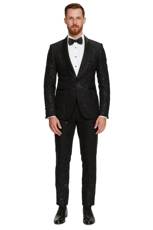 Black Sequin Tuxedo Suit with Satin Shawl Lapel Mens Slim Fit Formal Prom and Wedding Attire