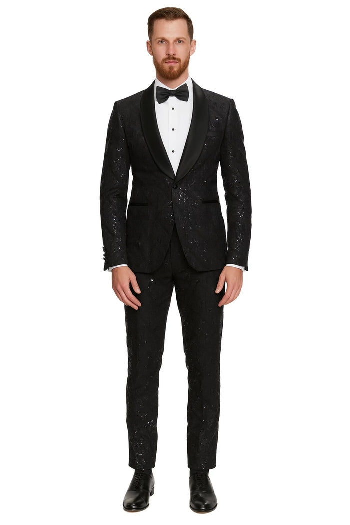 Black Sequin Tuxedo Suit with Satin Shawl Lapel Mens Slim Fit Formal Prom and Wedding Attire
