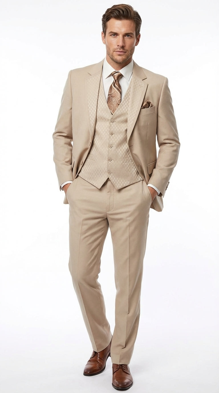 Men’s Tan Beige 3 Piece Tuxedo Suit – Beige Formal Suit Set with Vest, Patterned Lapel and Tie for Wedding, Prom in Tan Khaki Color - 34 Short or Extra Small