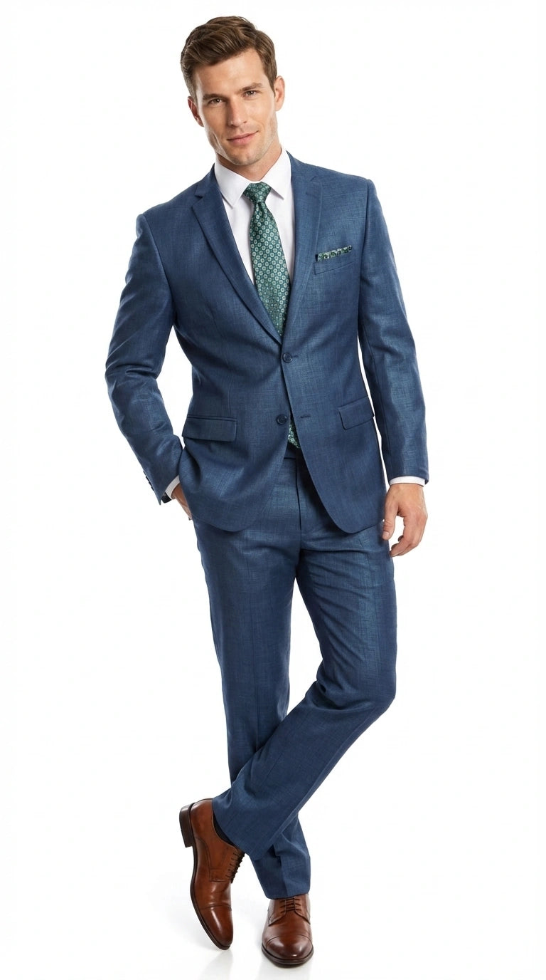 Men’s Indigo Blue Sharkskin Suit – Textured Shiny Formal Suit for Wedding, Business, 2 Buttons Slim Fitted - 34 Short or Extra Small