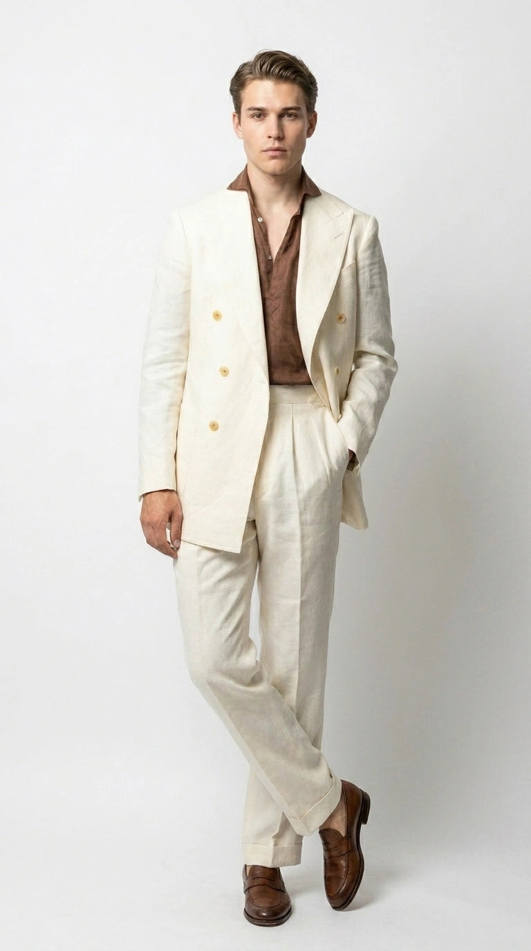 Men’s Off White 70s Style Double Breasted Suit – Vintage Retro Wide Lapel Classic Outfit for Party, Wedding and Casual Fashion Wear - 34 Short or Extra Small