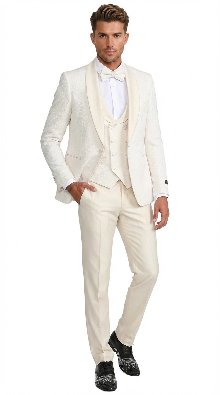 Men’s Ivory Paisley Tuxedo Suit 3 Piece – One Button Vested Satin Formal Suit for Wedding in Off white Cream Color - 40