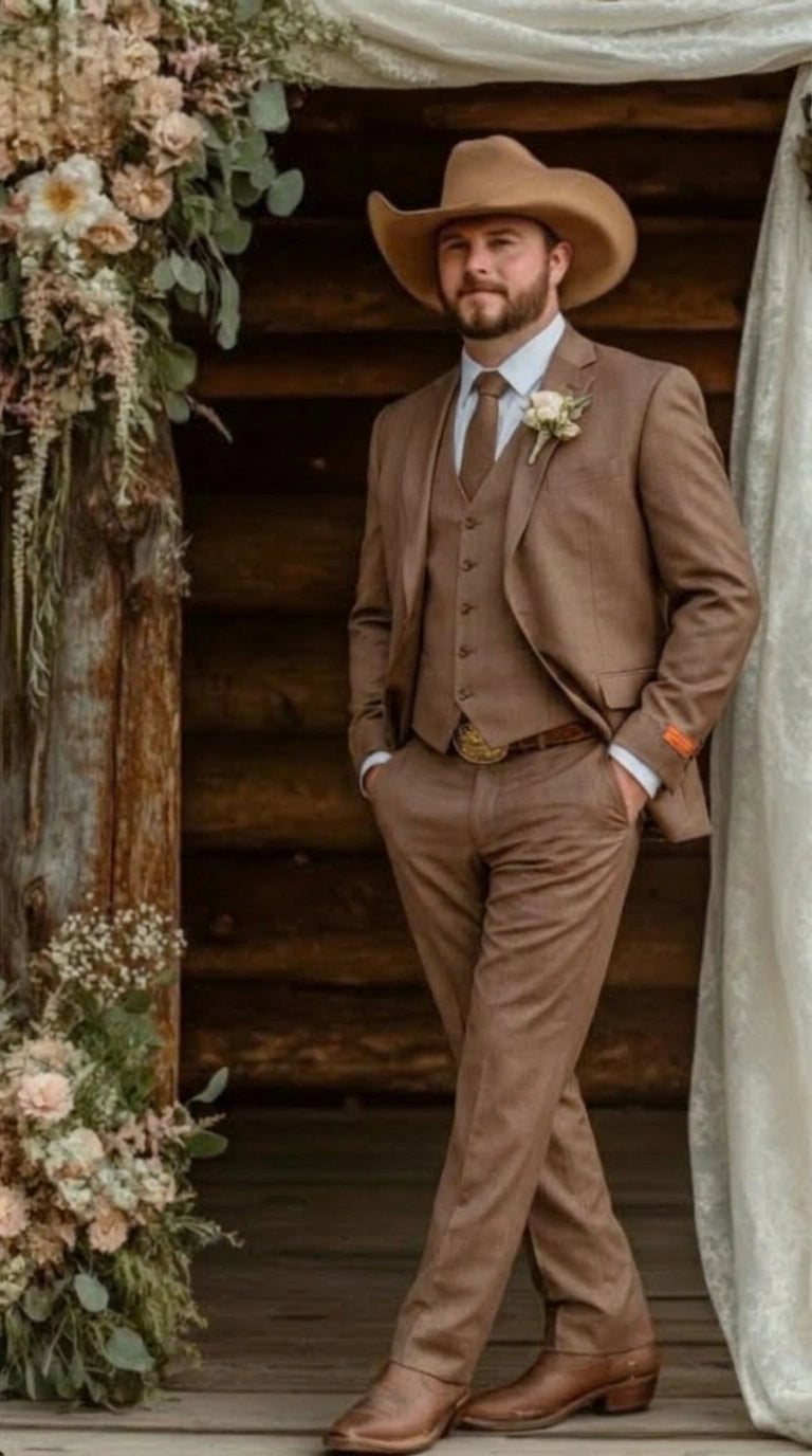Men’s Light Brown Western 3 Piece Suit – Classic Country Style Blazer Vest Pants Set, Formal Cowboy Suit Toast - 34 Short or Extra Small