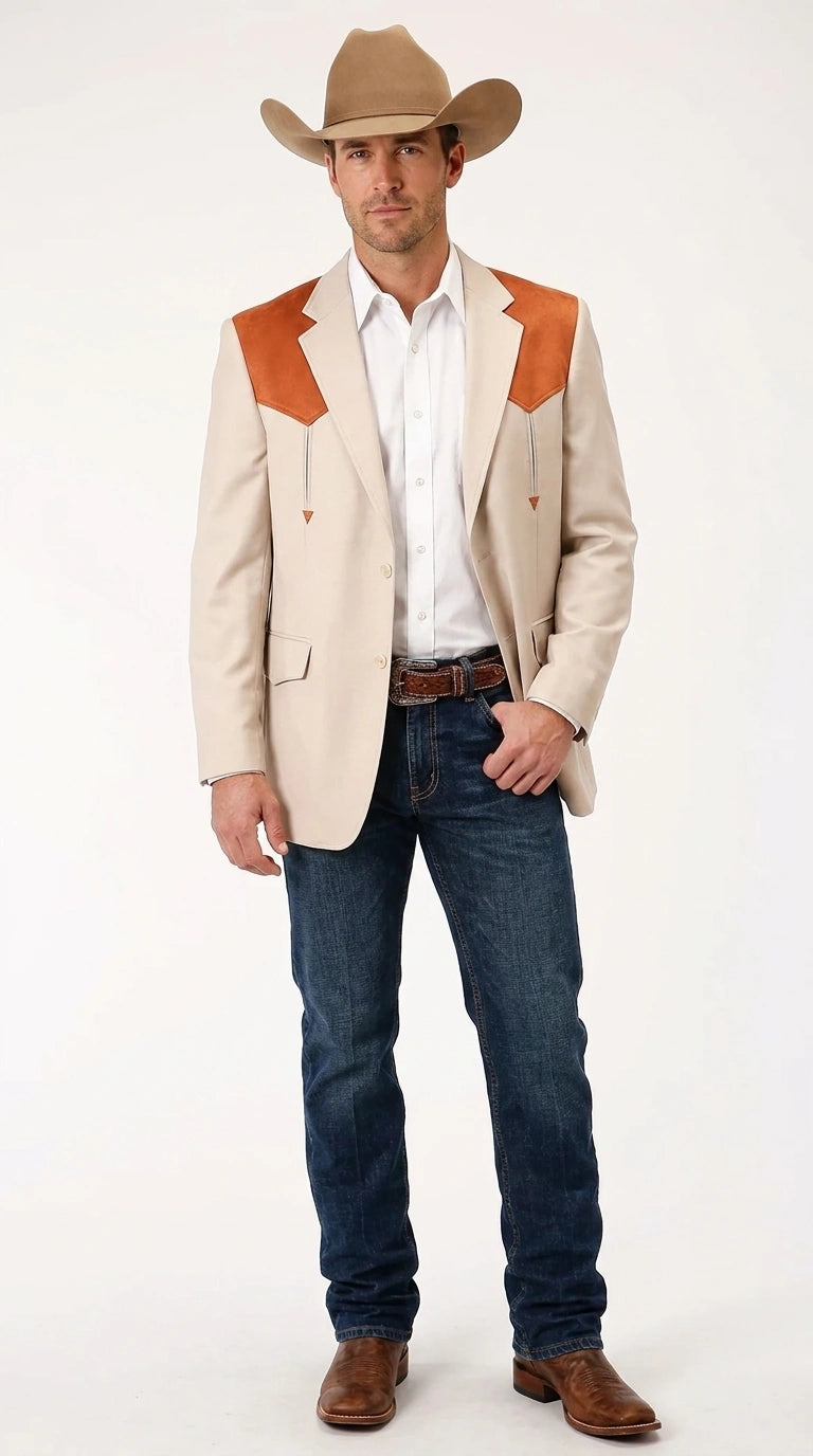 Men’s Tan Beige and Rust Western Cowboy Blazer – Classic Country Style Jacket, Vintage Western Dress Blazer for Men Country Jacket - 36 Short
