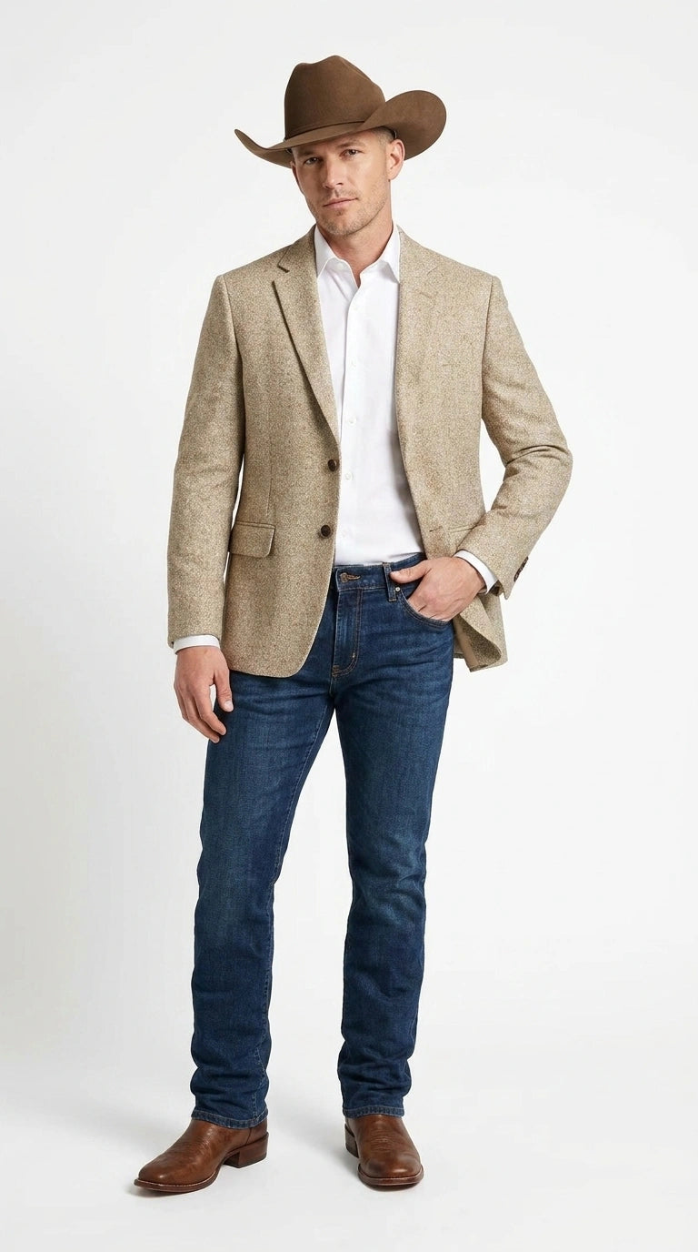 Men’s Light Tan Sand Tweed Cowboy Blazer – Country Style Western Jacket for Casual, Ranch, Saco Para Vaquero - 36 Short