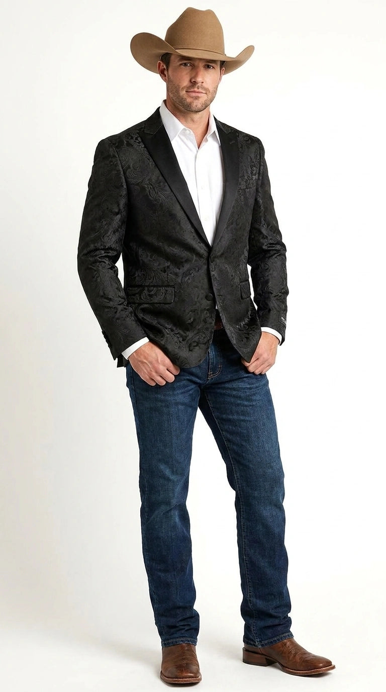 Men’s Black Paisley Western Cowboy Blazer – Classic Western Style Formal Jacket, Elegant Country Blazer Coat - saco para vaquero - 36 Short