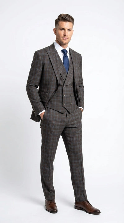 Vitali Men’s Brown Grey with blue Check 3 Piece Suit – Classic Plaid Formal Suit Set with Blazer, Vest & Trousers, Business Wedding Party Wear for Men Modern Fit