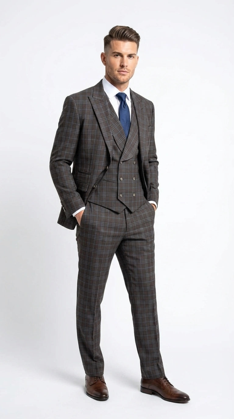 Vitali Men’s Brown Grey with blue Check 3 Piece Suit – Classic Plaid Formal Suit Set with Blazer, Vest & Trousers, Business Wedding Party Wear for Men Modern Fit - 34 Short or Extra Small