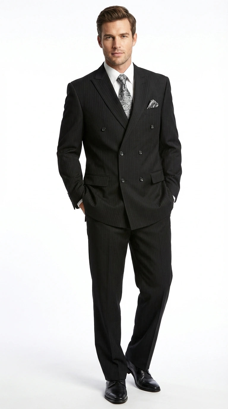 Men’s Black Pinstripe Double Breasted Suit – Peak Lapel Classic Fit Formal Business Conservative settle stripe - 34 Short or Extra Small
