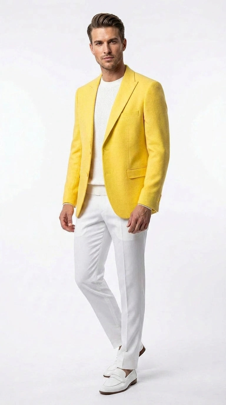 Zacci Brand Men’s Lemon Yellow Blazer Peak Lapel Hopsack Weave – Stylish Formal Blazer Jacket for Wedding, Party, Prom and Smart Casual Wear - 36 Short