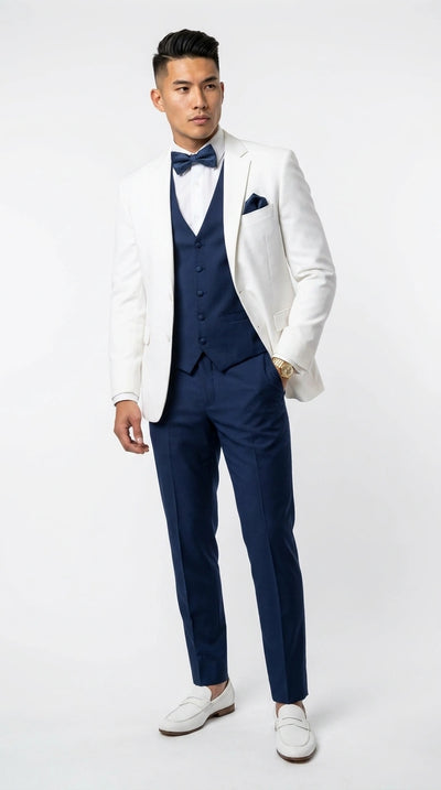 Men’s White and Navy blue tuxedo  3 Piece Suit – Classic White Blazer with Navy Vest and Pants for Wedding, Party + Bowtie