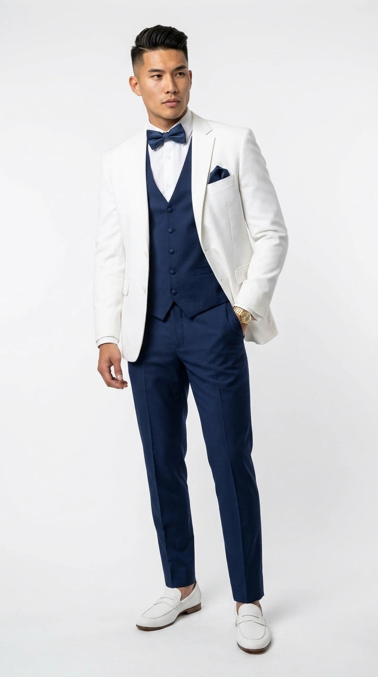 Men’s White and Navy blue tuxedo  3 Piece Suit – Classic White Blazer with Navy Vest and Pants for Wedding, Party + Bowtie - 34 Short or Extra Small