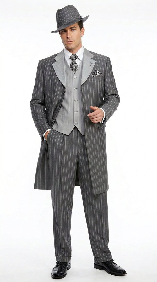 Men’s Grey Pinstripe Zoot Suit 3 Piece – 1920s Gangster Vintage Wide Lapel Suit with Vest for Wedding, Party