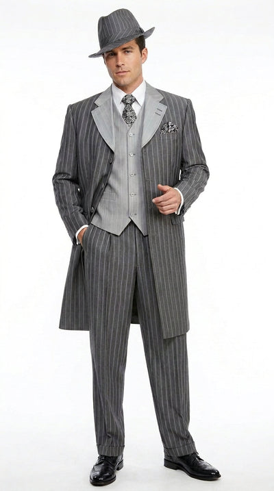 Men’s Grey Pinstripe Zoot Suit 3 Piece – 1920s Gangster Vintage Wide Lapel Suit with Vest for Wedding, Party