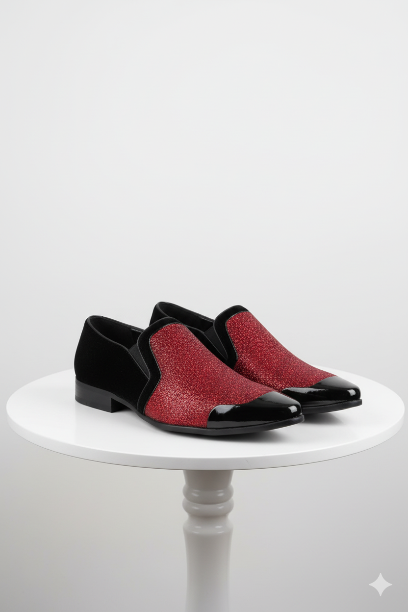 Mens Red Glitter Tuxedo Loafers Shiny Slip-On Dress Shoes with Black Patent Toe for Parties and Formal Events - 6