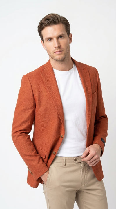 Mens Terri Papaya Sport Coat Blazer Weave Texture Pattern, Orange Coral Dress Jacket Rust Copper Bricke Color