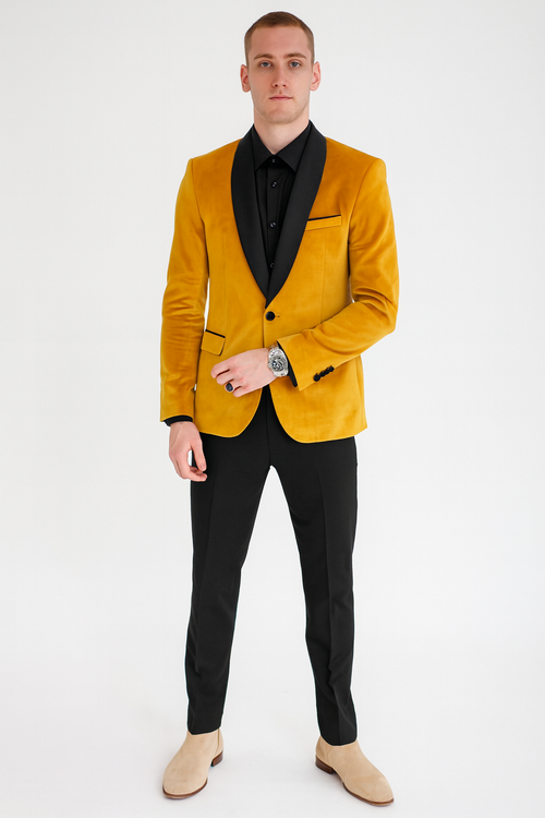 Mens Mustard Gold Velvet Tuxedo Jacket Slim Fit Dinner Blazer with Black Satin Shawl Lapel + Free Black Pants & Bowtie