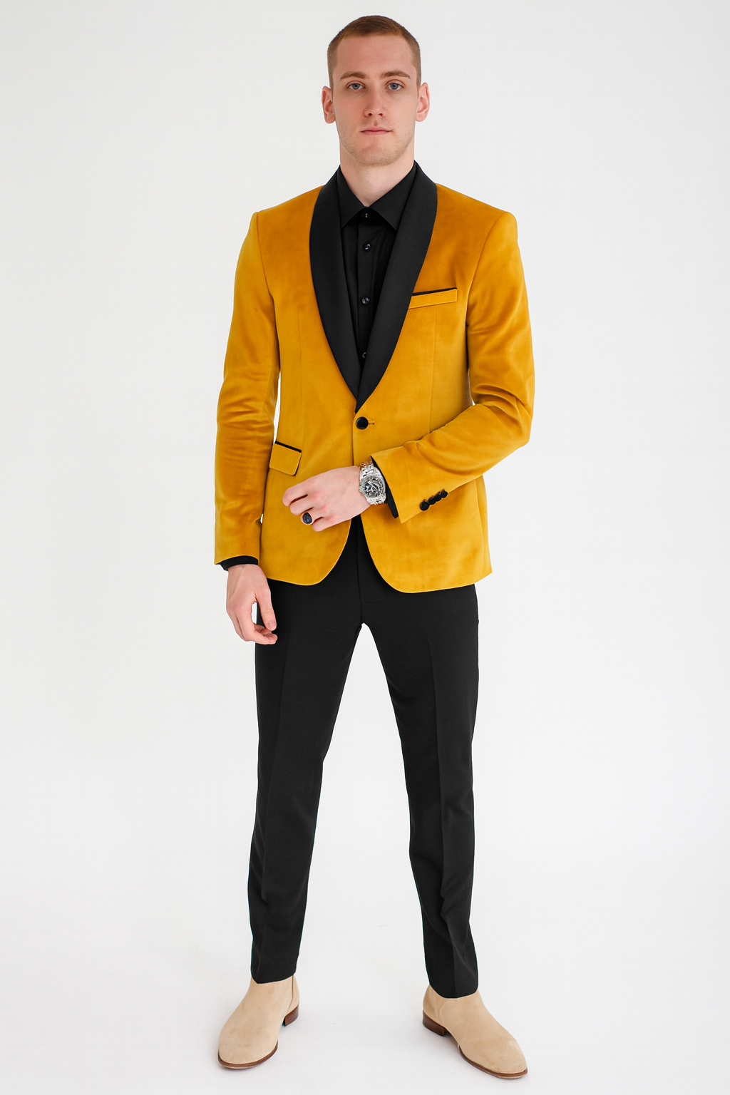 Men’s Mustard Gold Velvet Tuxedo Jacket – Slim Fit Dinner Blazer with Black Satin Shawl Lapel + Free Black Pants & Bowtie - 34 Short or Extra Small