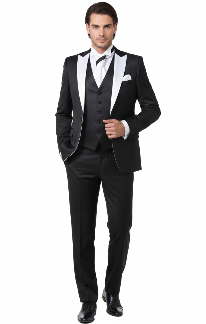 Mens Black and White Lapel Prom Tuxedo Suit + Black Vest + Black Pants Peak Lapel
