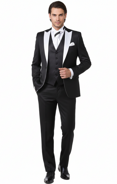 Mens Black and White Lapel Prom Tuxedo Suit + Black Vest + Black Pants Peak Lapel