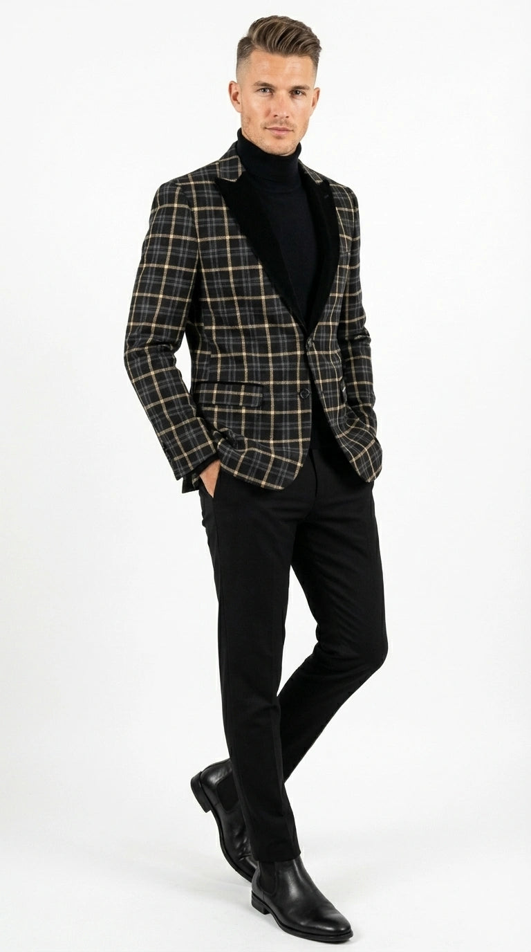 Mens Tartan Black and Gold Check Blazer – Windowpane Plaid Sport Coat Velvet Lapel Formal Party Jacket Chirsitmas New Year Holiday Jacket - 36 Short