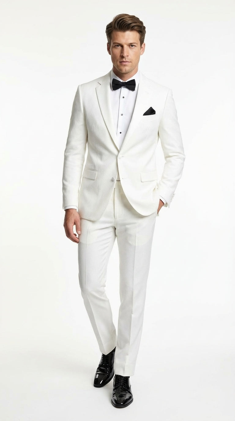 Mens White Wedding Tuxedo Suit – Formal Groom Suit Set Classic Dinner Jacket + White Tuxedo Shirt + Black Bow Tie - 34 Short or Extra Small