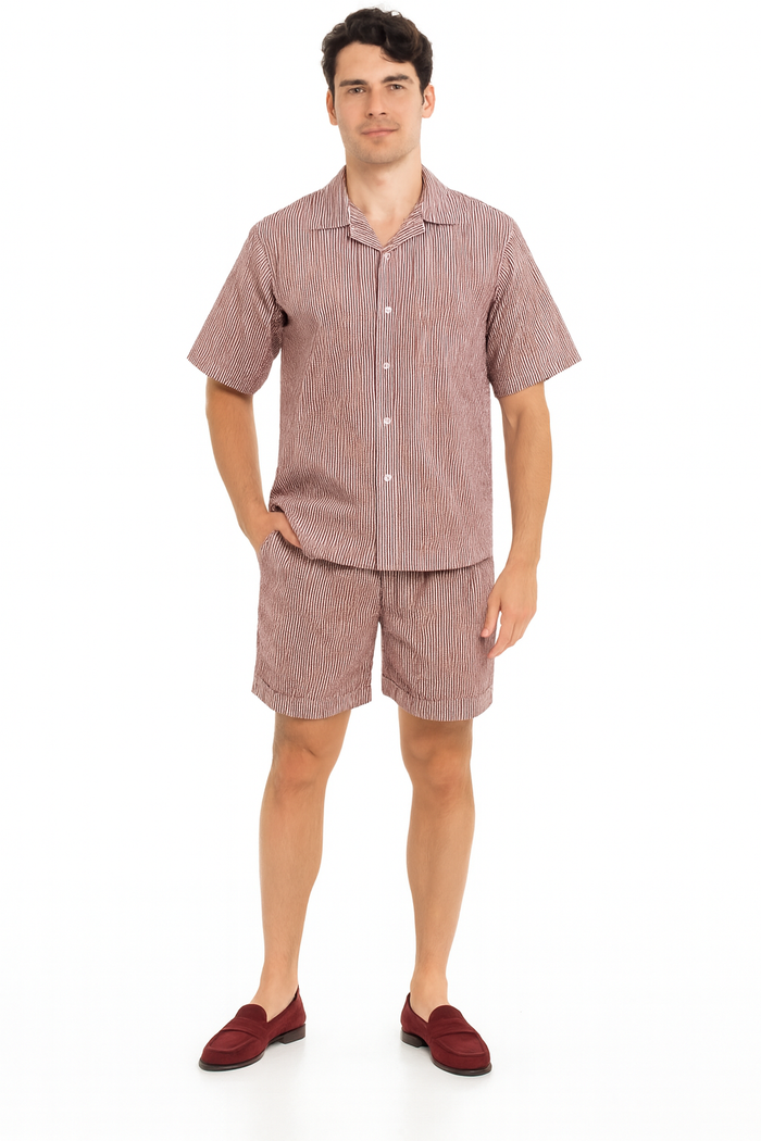Mens Burgundy Reddish Seersucker Short Set Walking Suit Two-Piece Cuffed Shorts with Expandable Waist