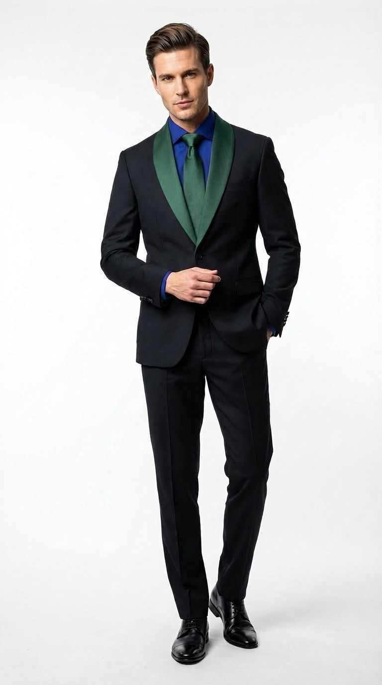 Men’s Black Suit with Hunter Green Shawl Lapel – Black and Hunter Green Formal Tuxedo Suit for Wedding, Prom With Bow Tie - 34 Short or Extra Small