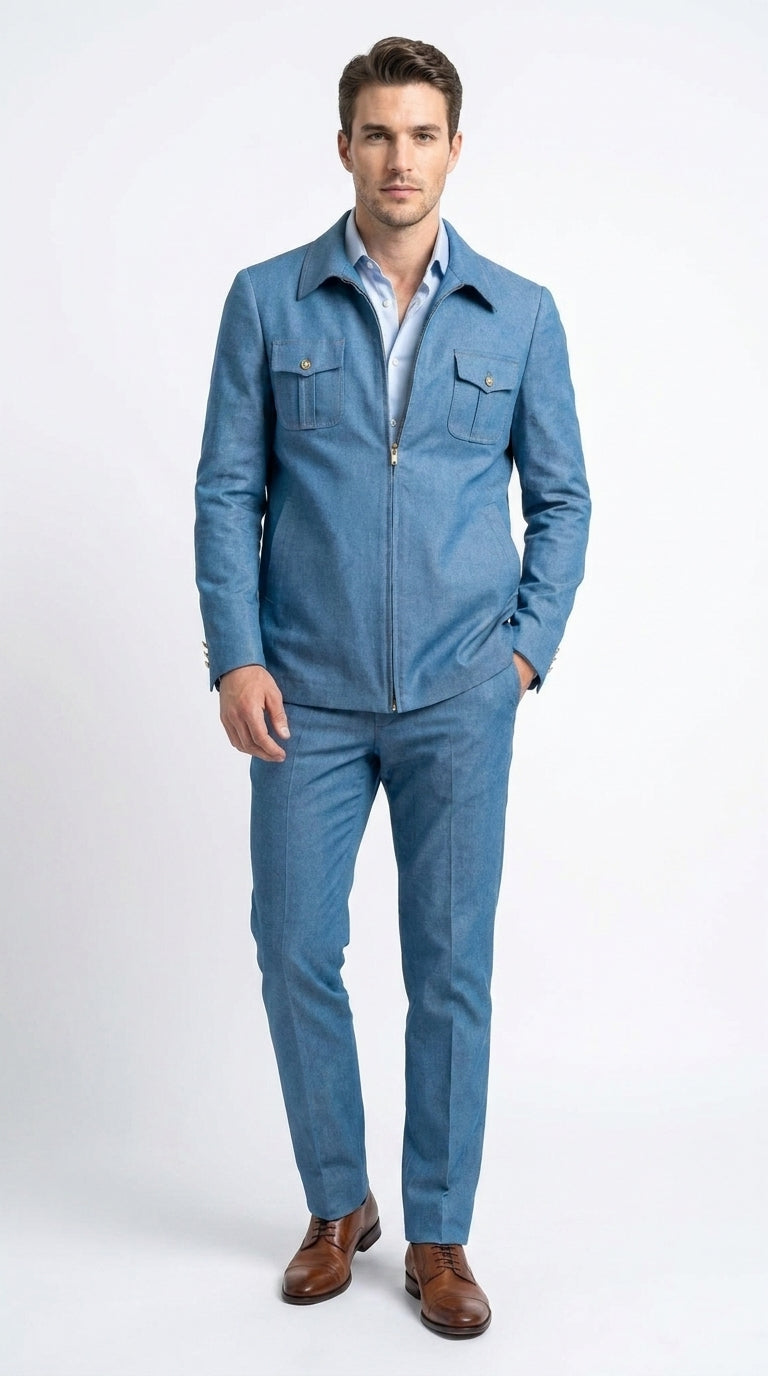 Men’s Light Blue Walking Suit – 2 Piece Casual Leisure Set with Zip Front Jacket Denim Style - Small